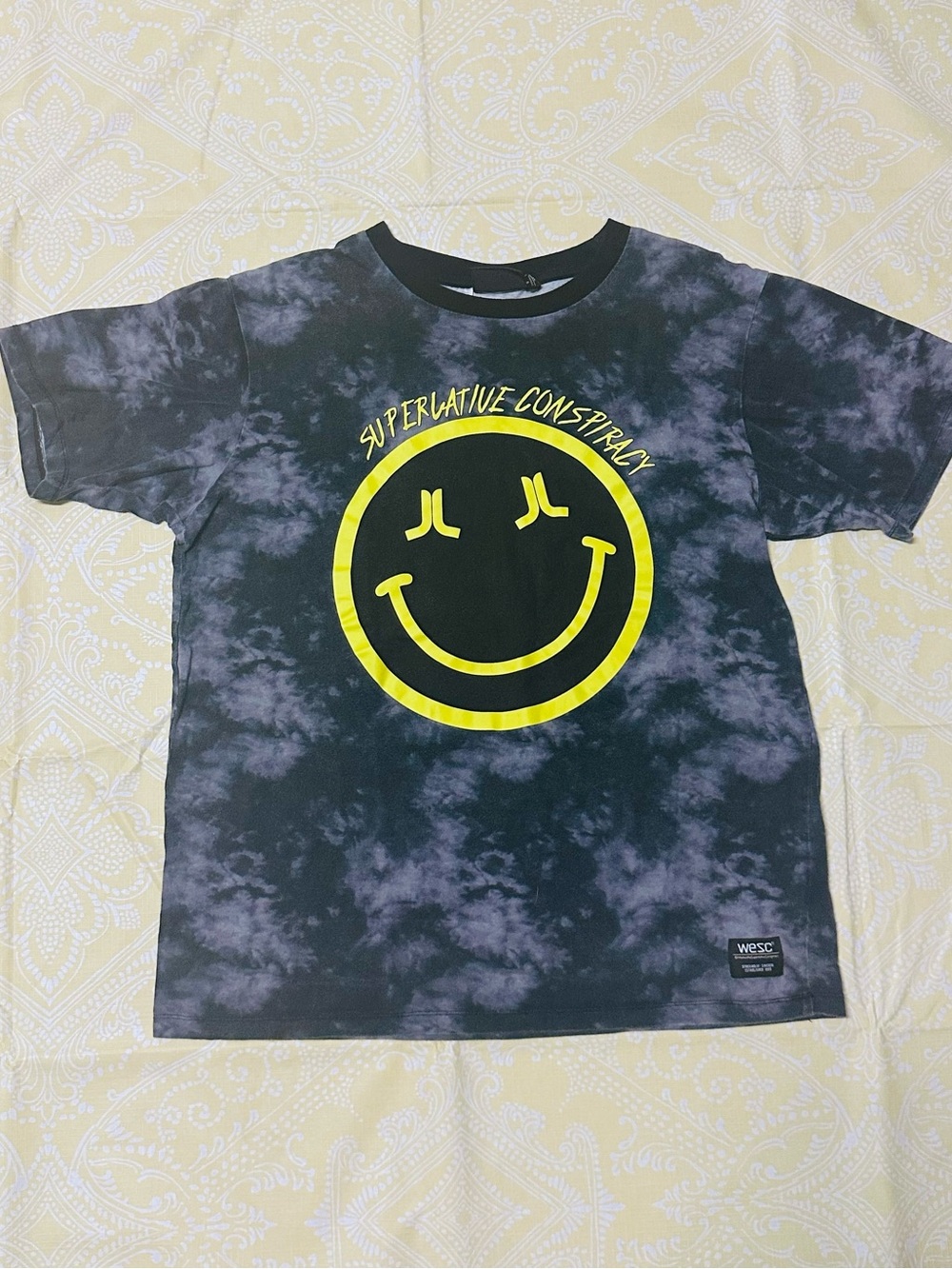 Wesc Black Tie-Dye Tee with Yellow Smiley Graphic
